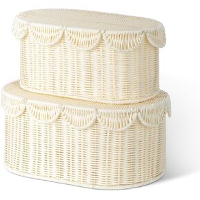 GRANNY SAYS Wicker Storage Basket with Lids, Woven Scalloped Baskets for Organizing, Decorative Box with Scalloped Edge, Handwoven Wicker Box for Shelves, Nursery, Bathroom, Living Room