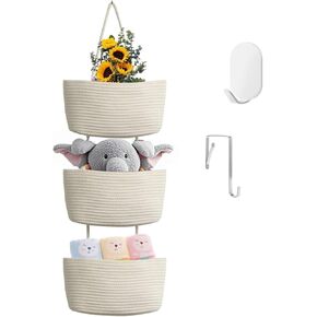 Hanging Baskets for Organizing,3-Tier Woven Cotton Wall-Mounted Storage Organizer Bag Decorative,Kitchen,Living Room,Bedroom,Nursery