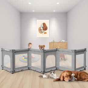 Foldable Dog Gate for Stairs, 165" W x 28" H Pet Gate for Doorways, 6 Panels Baby Gates Indoor Baby Play Fence, Grey