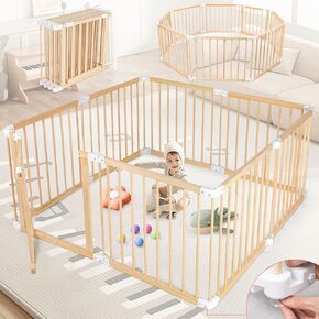 8 Panels Wooden Playpen for Babies and Toddlers, Large Size Foldable Baby Playpen,Adjustable Size and Shape Portable Play Yard, Easy to Assemble(56x56x24 Inch)
