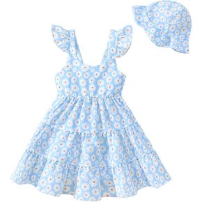 Toddler Baby Girl Dress Summer Clothes Little Girls Ruffle Sleeveless Dresses Kids Beach Sundress with Hat
