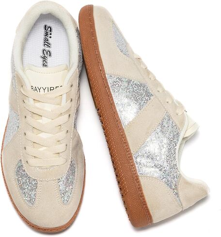 Women’s Glitter Sparkly Fashion Sneakers – Classic Retro Lace-Up Trainers with Non-Slip Gum Sole and Cushioned Insole for Casual Walking Street Style in Saudi Arabia