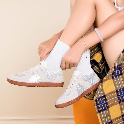 Women’s Glitter Sparkly Fashion Sneakers – Classic Retro Lace-Up Trainers with Non-Slip Gum Sole and Cushioned Insole for Casual Walking Street Style in Saudi Arabia
