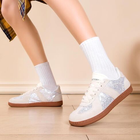 Women’s Glitter Sparkly Fashion Sneakers – Classic Retro Lace-Up Trainers with Non-Slip Gum Sole and Cushioned Insole for Casual Walking Street Style in Saudi Arabia
