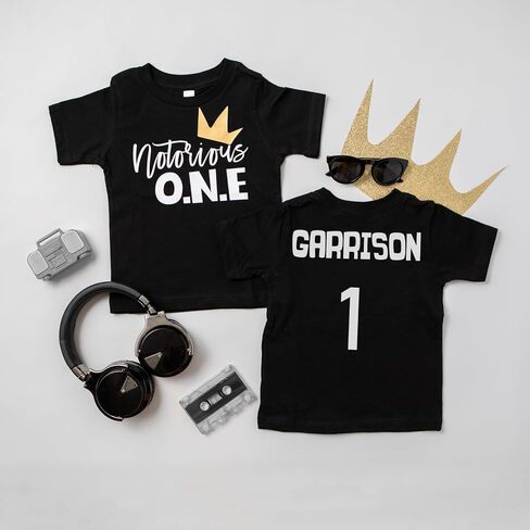 Notorious ONE First Birthday Personalized Short Sleeve T-Shirt for Infant and Toddler Boys with Hip Hop Theme (6-12mo, White) in Saudi Arabia