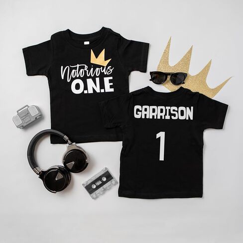 Notorious ONE First Birthday Personalized Short Sleeve T-Shirt for Infant and Toddler Boys with Hip Hop Theme (6-12mo, White) in Saudi Arabia