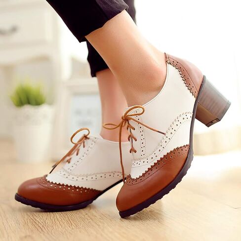 Womens Brogue Oxfords Chunky Block Heel Lace Up Pumps Vintage Dress Shoes in Saudi Arabia