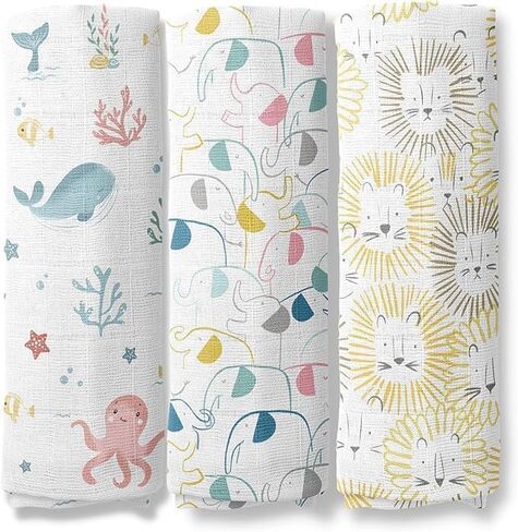 Cotton Muslin Swaddle Wraps for Newborn – Pack of 3 Soft & Breathable Baby Swaddles (Ocean - Elephant - Lion) in Saudi Arabia