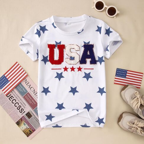 CM C&M WODRO Toddler Boys Girls 4th of July Shirt USA Embroidered Stars Graphic T-Shirt Short Sleeve Kids Patriotic Tee Tops in Kuwait