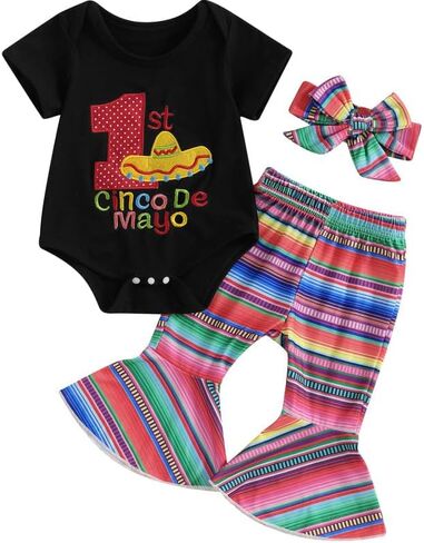 Newborn Baby Girl Cinco De Mayo Outfit Short Sleeve Embroidery Romper Flare Pant Headband 3Pcs Mexican Fiesta Clothes in Saudi Arabia