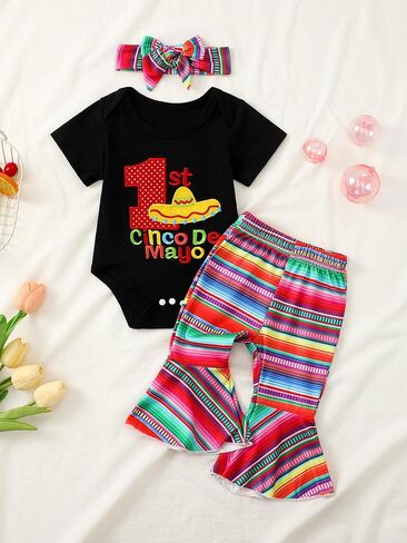 Newborn Baby Girl Cinco De Mayo Outfit Short Sleeve Embroidery Romper Flare Pant Headband 3Pcs Mexican Fiesta Clothes in Saudi Arabia