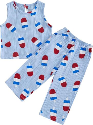 Toddler Baby 4th of July Outfit Cotton Linen Memorial Tank Tops Pants Little Boy Girl Fourth of July 2pc Set in Saudi Arabia