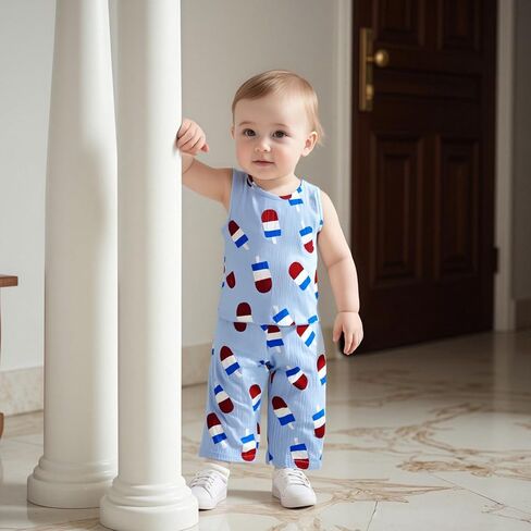 Toddler Baby 4th of July Outfit Cotton Linen Memorial Tank Tops Pants Little Boy Girl Fourth of July 2pc Set in Saudi Arabia