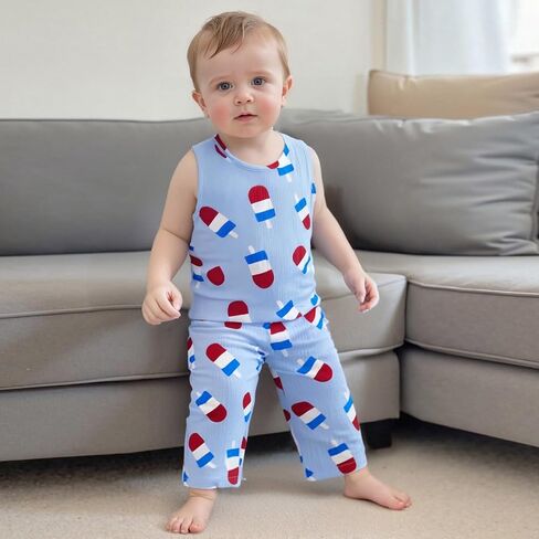Toddler Baby 4th of July Outfit Cotton Linen Memorial Tank Tops Pants Little Boy Girl Fourth of July 2pc Set in Saudi Arabia