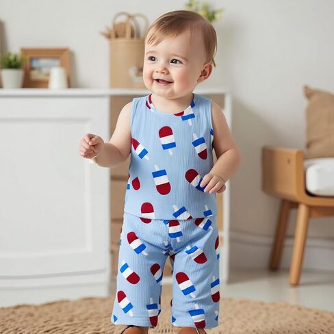 Toddler Baby 4th of July Outfit Cotton Linen Memorial Tank Tops Pants Little Boy Girl Fourth of July 2pc Set in Saudi Arabia
