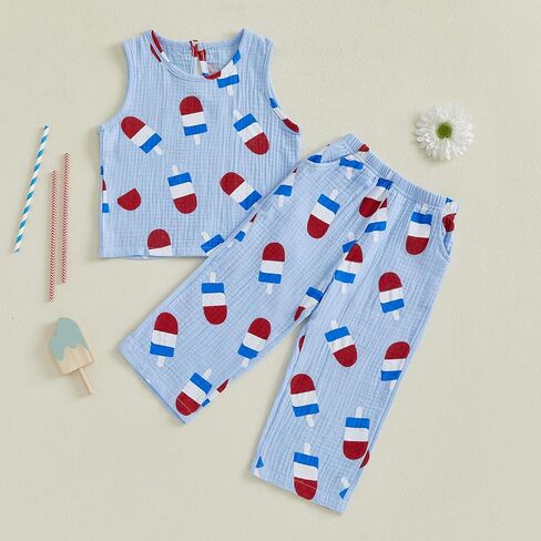 Toddler Baby 4th of July Outfit Cotton Linen Memorial Tank Tops Pants Little Boy Girl Fourth of July 2pc Set in Saudi Arabia
