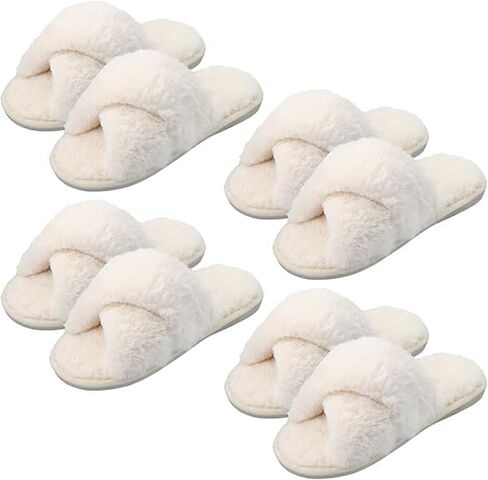 4 Pairs Women's Fuzzy Slippers Cross Band Memory Foam House Slippers with Open Toe Warm Breathable Anti-skid Sole - LARGE in Saudi Arabia