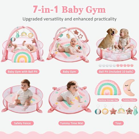 7-in-1 XL طفل كبير اللعب في الجيم ، حصيرة وقت البطن ، حصيرة نشاط الطفل ، صالة الألعاب الرياضية والكرة مع وسادة زمنية للبطن ، 10 كرات ، بطاقات معلمة و 6 ألعاب قوس قزح قابلة للفصل in Kuwait