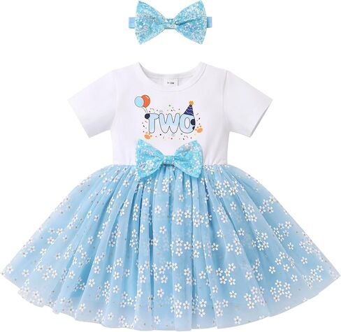 IBTOM CASTLE Baby Girl 1st 2nd Birthday Outfit Blue Sequin Bow Floral Tutu Dress for Cake Smash Photoshoot in Saudi Arabia
