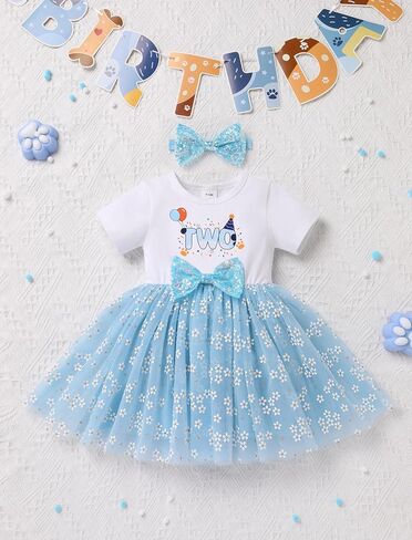 IBTOM CASTLE Baby Girl 1st 2nd Birthday Outfit Blue Sequin Bow Floral Tutu Dress for Cake Smash Photoshoot in Saudi Arabia