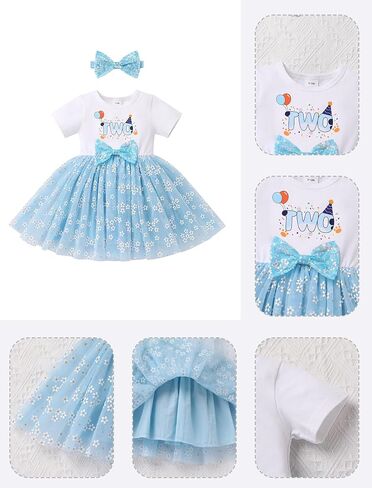 IBTOM CASTLE Baby Girl 1st 2nd Birthday Outfit Blue Sequin Bow Floral Tutu Dress for Cake Smash Photoshoot in Saudi Arabia