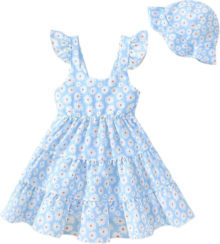 Toddler Baby Girl Dress Summer Clothes Little Girls Ruffle Sleeveless Dresses Kids Beach Sundress with Hat in Saudi Arabia