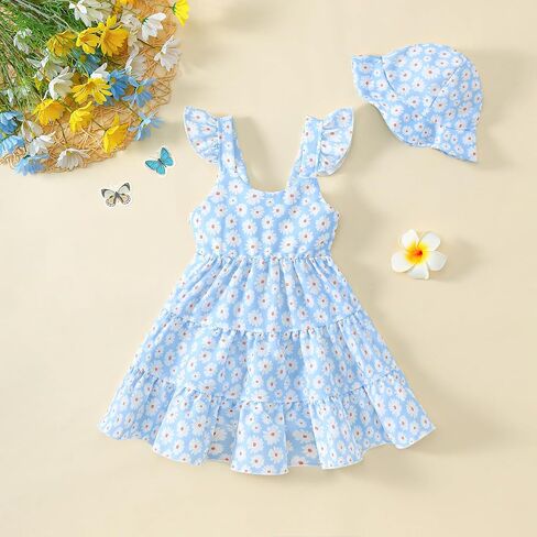 Toddler Baby Girl Dress Summer Clothes Little Girls Ruffle Sleeveless Dresses Kids Beach Sundress with Hat in Saudi Arabia