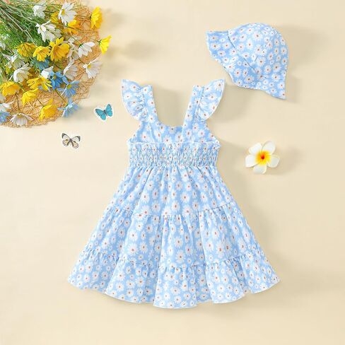 Toddler Baby Girl Dress Summer Clothes Little Girls Ruffle Sleeveless Dresses Kids Beach Sundress with Hat in Saudi Arabia