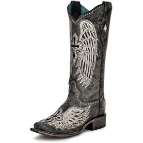Corral Ladie's Black Cross & Wings Overlay & Embroidery & Studs Sq. أخمص القدمين ، الجلد النعل ، الغربية A4243
