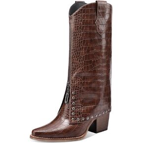 Women's Brown Crocodile Print Boots Fashion Slouchy Chunky Heel Pointed Toe Mid Calf boot Western Style Rivet shoe in Saudi Arabia