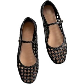 Woven Flats for Women Comfortable Black Flat Shoes Square Toe Mesh Shoes Woven Buckle Strap Mary Janes Dressy Casual Ballet Flats