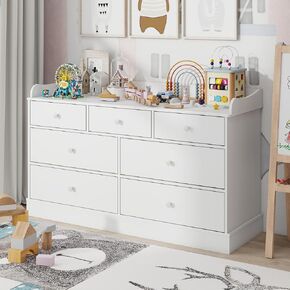 VABCHES KIDS DRISER FACER مع 7 أدراج ، طاولة تغيير للحضانة ، الأطفال البيض من الأدراج ، خزانة الأطفال ، أثاث غرفة نوم للأطفال ، منضدة لغرفة الطفل ، أبيض