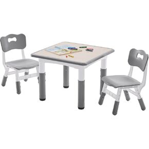 Kids Table and 2 Chairs Set, Height-Adjustable Toddler Table and Chairs Set with Graffiti Desktop, 23.6''L x 23.6''W Children Activity Table for Daycare, Classroom, Home, Burlywood-w