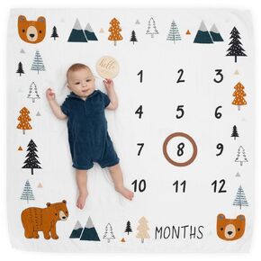 Pondering Pine Organic Baby Monthly Milestone Blanket Boy - Growth Age Blanket for 1-12 Months Milestones with Month Marker Frame and Newborn Announcement Disc, Woodland, Bear, 47"x47"