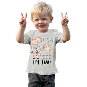 MODNTOGA Baby Boy 2nd Birthday T-Shirt Toddler Farm Animal Graphic Shirt 2 Years Old B-Day Party Top I’M Two Short Sleeve Tee
