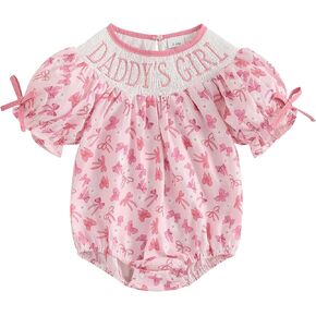 Newborn Baby Girl Summer Clothes Bow Print Romper Puff Sleeve Bubble Bodysuit Mamas Girl/Daddys Girl Outfit