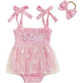 Baby Girl Cotton Linen Romper Dress 1st Birthday Clothes Letter Embroidery Sleeveless Smocked Onesie Shower Outfit