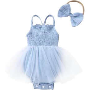 Infant Baby Girl Summer Romper Dress Sleeveless Strap Mesh Tutu Skirt Backless Bodysuit with Headband