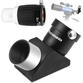 Astromania Barlow Lens 3X 1.25 Inch 4-Elements Metal TeleXtender - Bundle with - 1.25" 90-Degree Erecting Prism