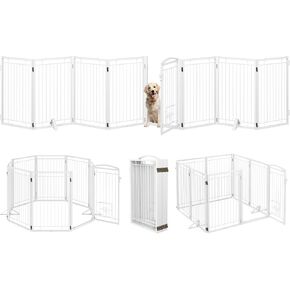 Metal Free Standing Dog Gate with Cat Door for Indoor/Outdoor,80" Extra Wide Foldable Pet Gate,32" Tall Dog Gates for Large Openings Stairs,Deck,Yard,Doorways(4 Panels,Black)