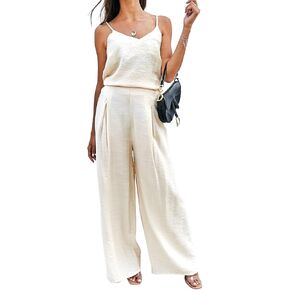 Women's Two-Piece Casual Jumpsuit Set, Spaghetti Strap Top with Wide Leg Pants, Cream White