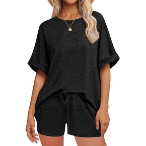 Womens 2 Piece Sets Summer Outfits 2025 Crew Neck Lounge Short Sets Half Sleeve Drawstring Summer Sweatsuit