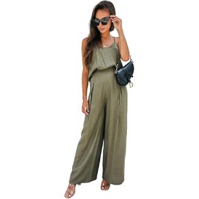 Women's Two-Piece Casual Jumpsuit Set, Spaghetti Strap Top with Wide Leg Pants, Cream White (military green, S)