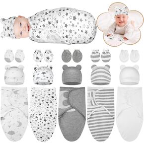 5 Pack Preemie Swaddle Blanket Wrap with Hat and Baby Mittens Set Cotton Preemie Baby Clothes Hat Receiving Blanket for 3-7 Lbs Newborn Boys Girls (Classic Style)