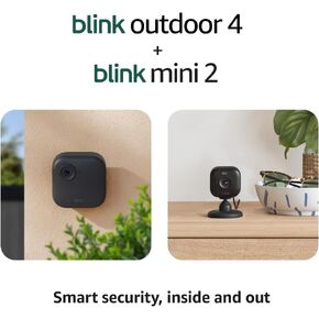Blink Outdoor 4 + Mini 2 – Wireless smart security camera, two-year battery life, 1080p HD day and infrared night live view. Sync Module Core included – 2 camera system + Mini 2 (Black)