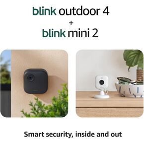 Blink Outdoor 4 + Mini 2 – Wireless smart security camera, two-year battery life, 1080p HD day and infrared night live view. Sync Module Core included – 1 camera system + Mini 2 (White)
