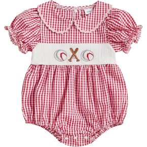 Newborn Baby Girl Baseball Outfit Embroidery Short Sleeve Smocked Bubble Romper Ruffle Bodysuit Cute Summer Clothes