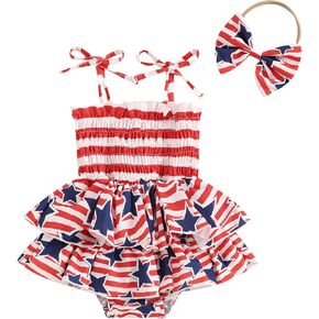 Newborn 4th of July Outfit Girls Sleeveless Striped Stars Print Romper Tutu Bodysuit with Headband