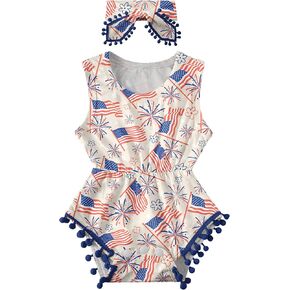 4th of July Baby Girl Outfits 18-24Months Sleeveless Summer Clothes For Baby Girls Tassel Romper with Headband