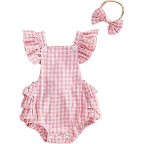 FOMOYUU Newborn Baby Girl Romper Summer Sleeveless Smocked Cotton Linen Clothes Outfit Jumpsuit with Bow Headband